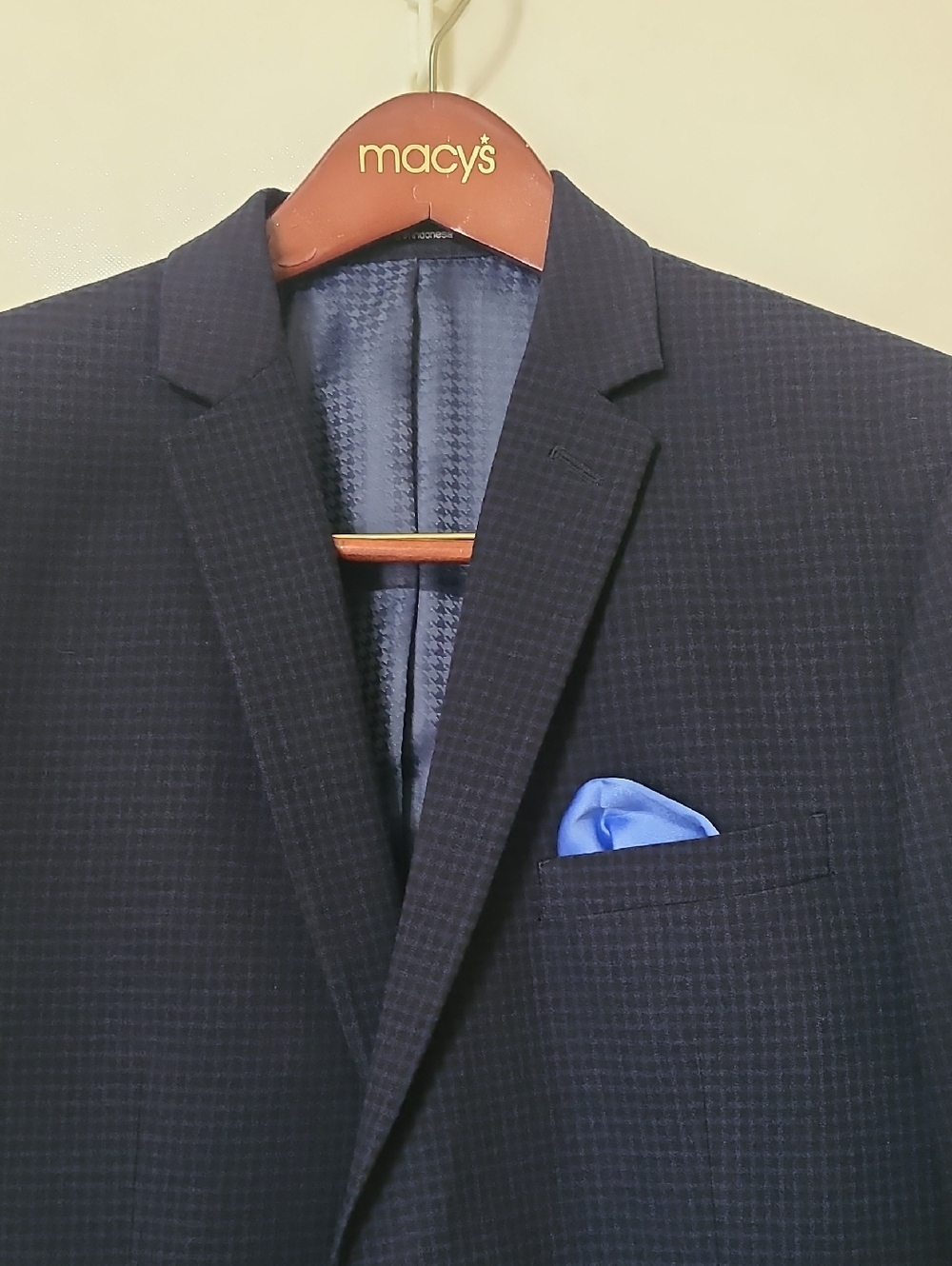 Bar III Men's‎ Slim Fit Black &Navy Sport Coat Blazer Blue Pocket Square - 42L